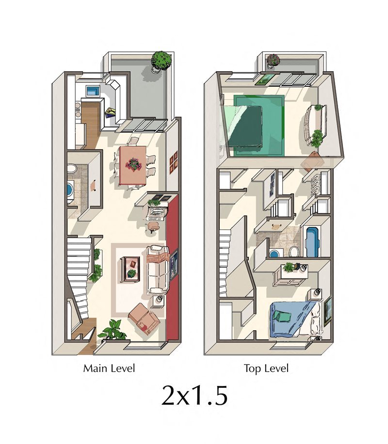 Floor plan for 2 beds, 1.5 baths, 1059 sqft